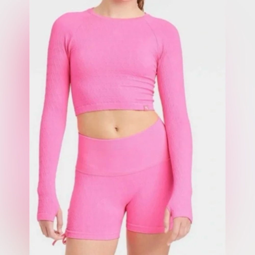 JoyLab - Hot Pink Long Sleeve Crop Top and Shorts Set